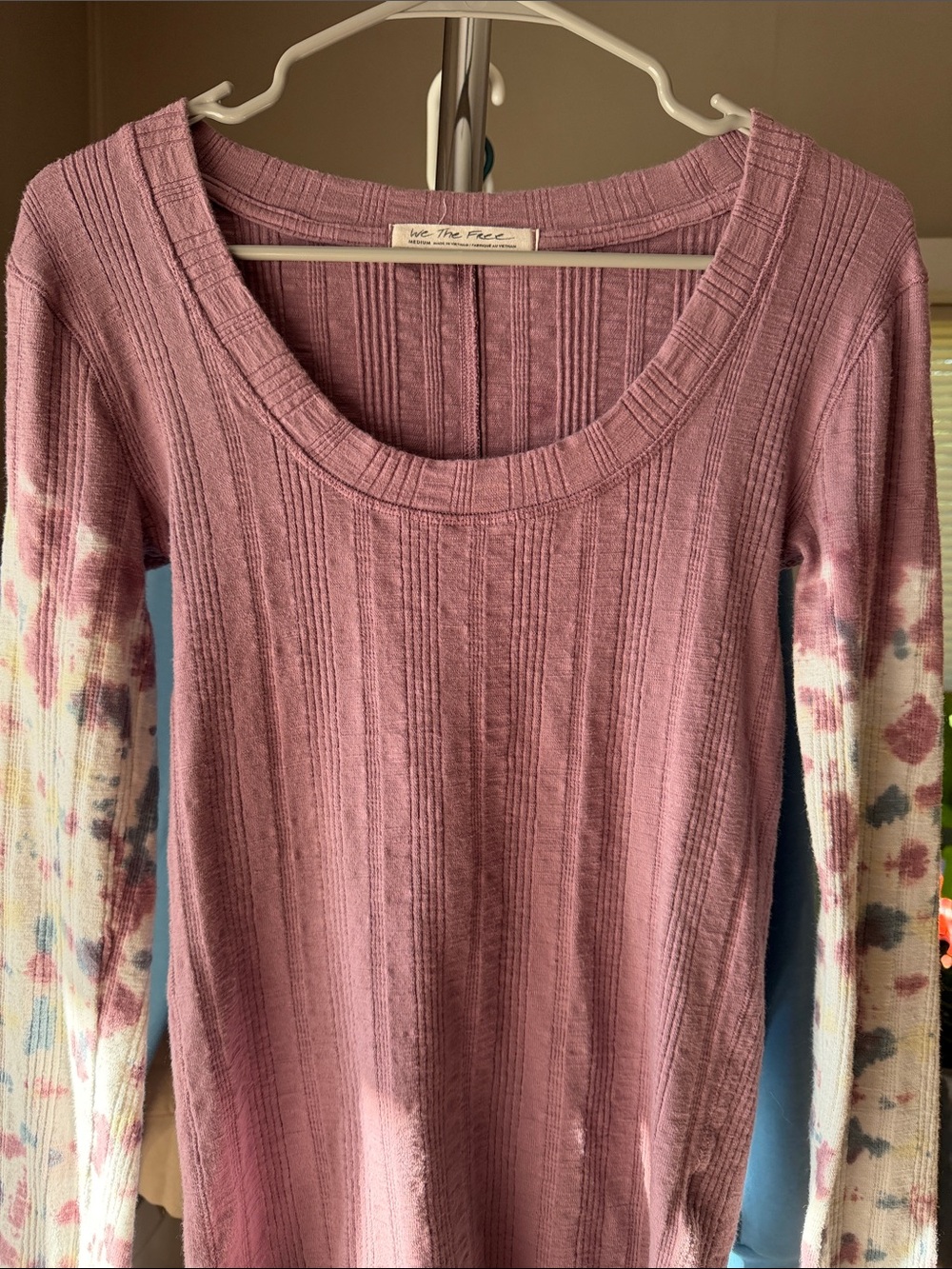 Free People Dusty Mauve Ribbed Scoop-Neck Long Sleeve Top with Tie-Dye Sleeves